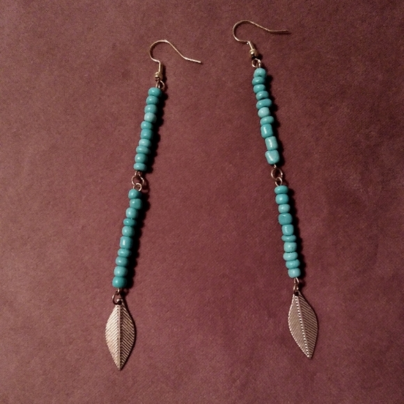 KATTA Long 4.5" Handmade Dangle Earrings Gold Turquoise Leaf Feather Charms New - Picture 2 of 10